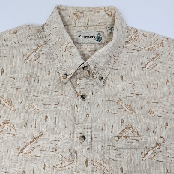 FieldMaster Vintage‎ Cotton Short Sleeve Button-Down Beige Fishing Shirt Large - Picture 1 of 10